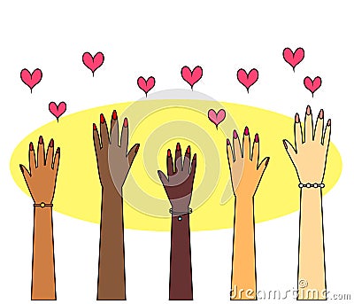 Female hands on a yellow background are raised up. Vector Illustration
